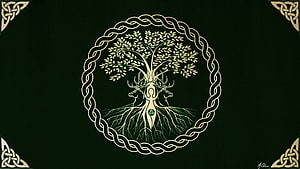 Yggdrasil World Tree with Celtic Knot Border and Stag Antlers on Dark Green Background HD wallpaper