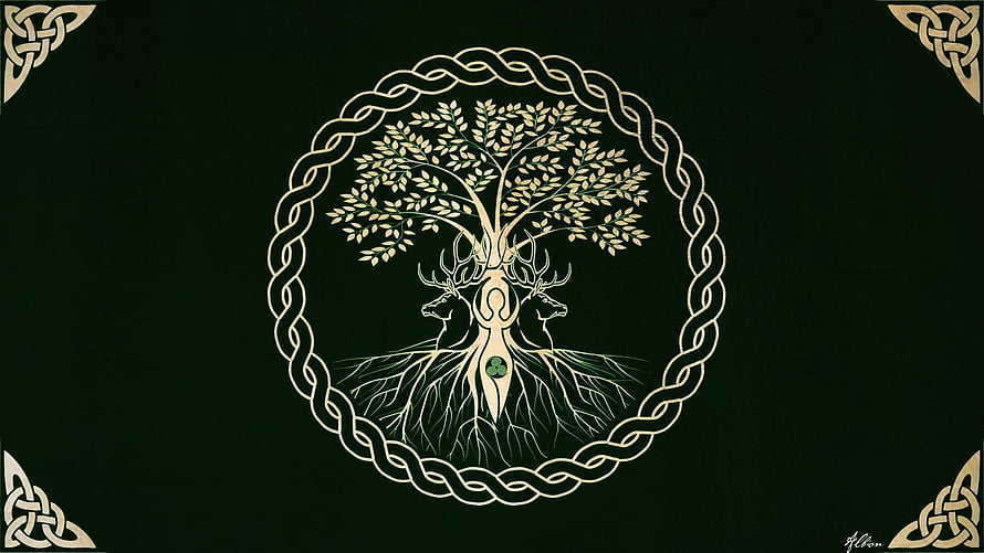 Yggdrasil World Tree with Celtic Knot Border and Stag Antlers on Dark Green Background HD wallpaper