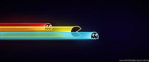 Retro Pixel Art Ghosts and Pac-Man on Glowing Rainbow Trails Against a Dark Background, Gaming, 3440X1440 HD wallpaper