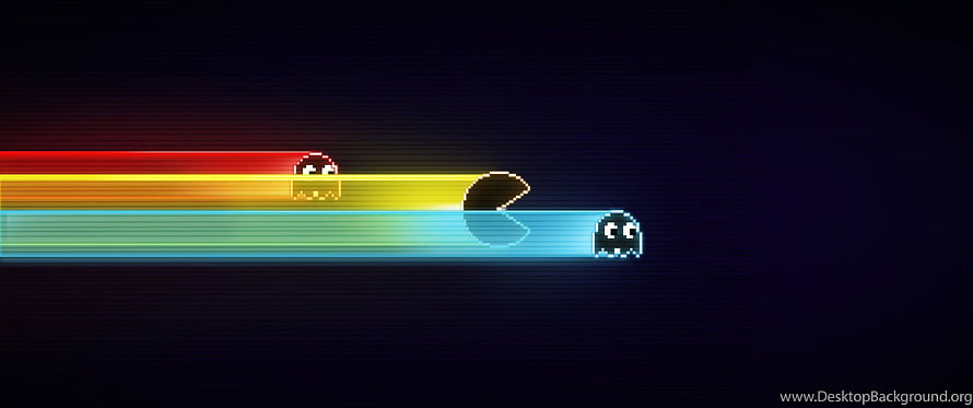 Retro Pixel Art Ghosts and Pac-Man on Glowing Rainbow Trails Against a Dark Background, Gaming, 3440X1440 HD wallpaper