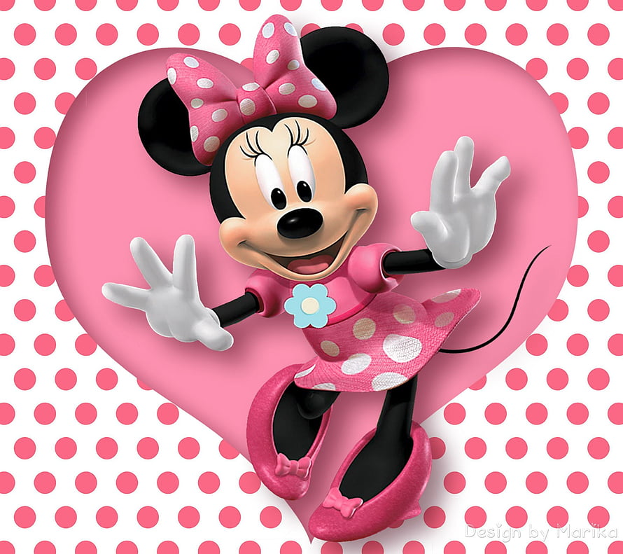 Minnie Mouse in a pink polka dot dress waving from a large heart on a dotted background HD wallpaper