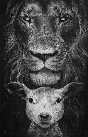 Monochromatic Realistic Drawing of a Lion and Lamb in a Spiritual Composition HD phone wallpaper