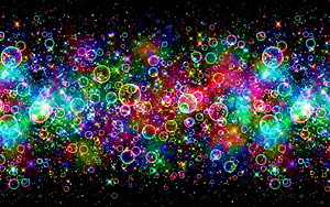 Vibrant Multicolored Bubbles Floating in a Cosmic Starfield with Neon Glow HD wallpaper