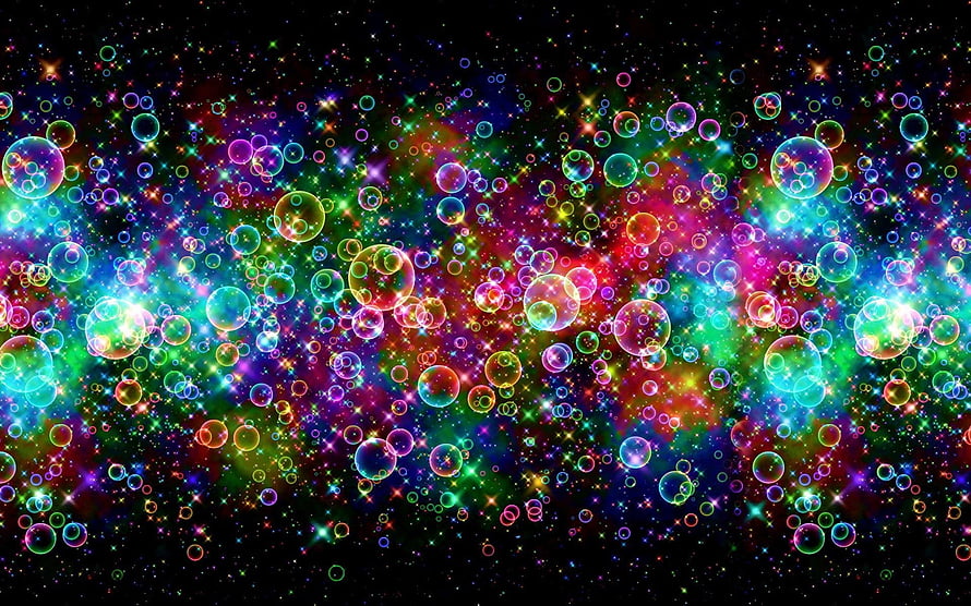 Vibrant Multicolored Bubbles Floating in a Cosmic Starfield with Neon Glow HD wallpaper