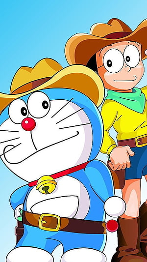 Doraemon and Nobita in Cowboy Outfits with Hats and Belts HD phone wallpaper