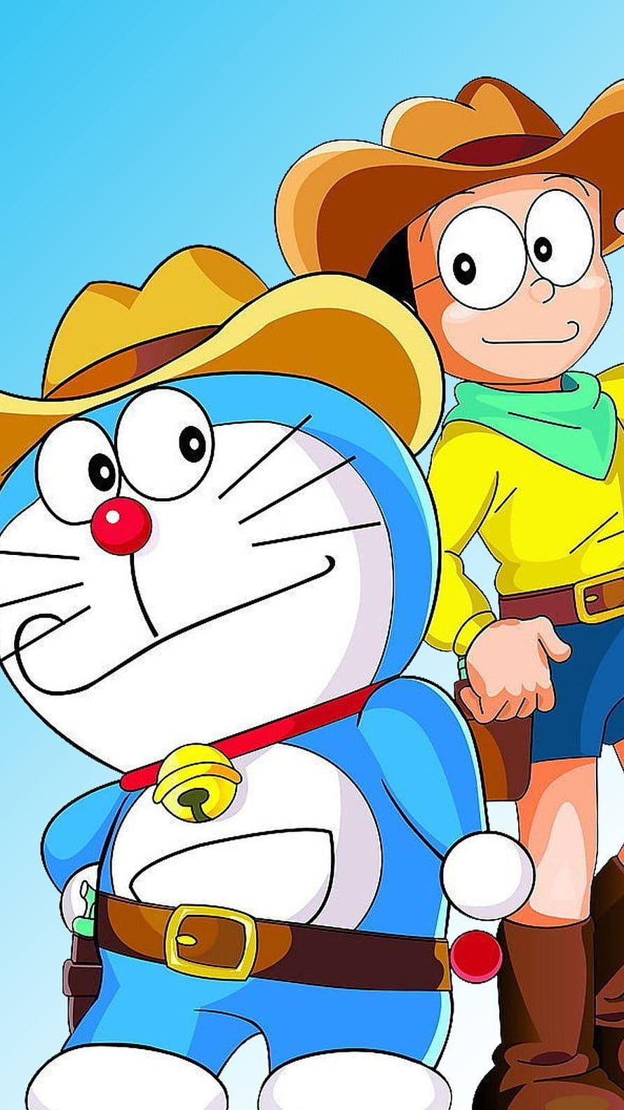 Doraemon and Nobita in Cowboy Outfits with Hats and Belts HD phone wallpaper