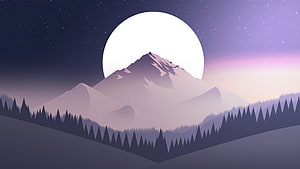 Minimalist Night Mountain Landscape With Full Moon And Pine Forest Silhouette HD wallpaper