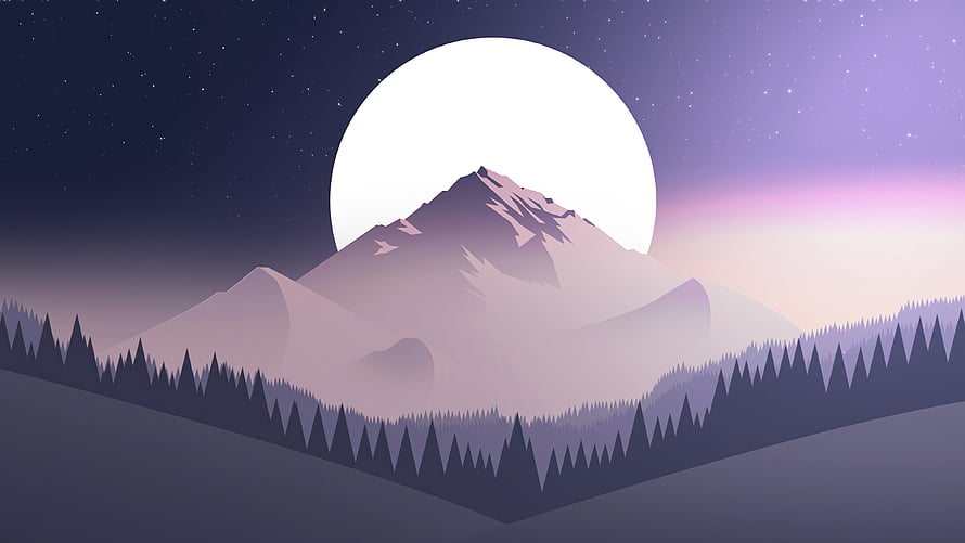 Minimalist Night Mountain Landscape With Full Moon And Pine Forest Silhouette HD wallpaper