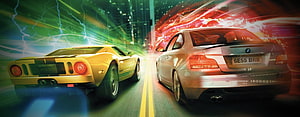 Blur Video Game Racing Scene Featuring Ford GT and BMW M3 Supercars in Neon City HD wallpaper