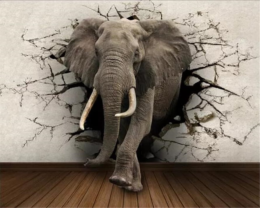 3D Elephant Breaking Through Cracked Wall Mural for Living Room or Bedroom HD wallpaper