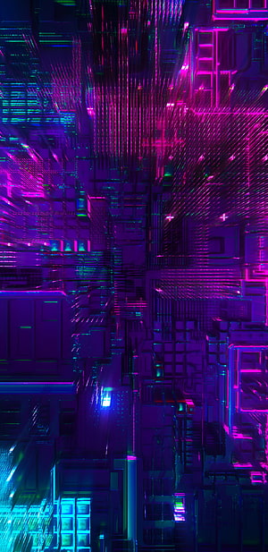 Cyberpunk Neon Cityscape with Glitch Art and Electric Purple Hues HD phone wallpaper