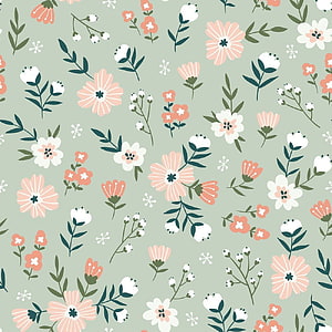 Seamless pastel floral pattern with pink and white flowers on a sage green background HD phone wallpaper