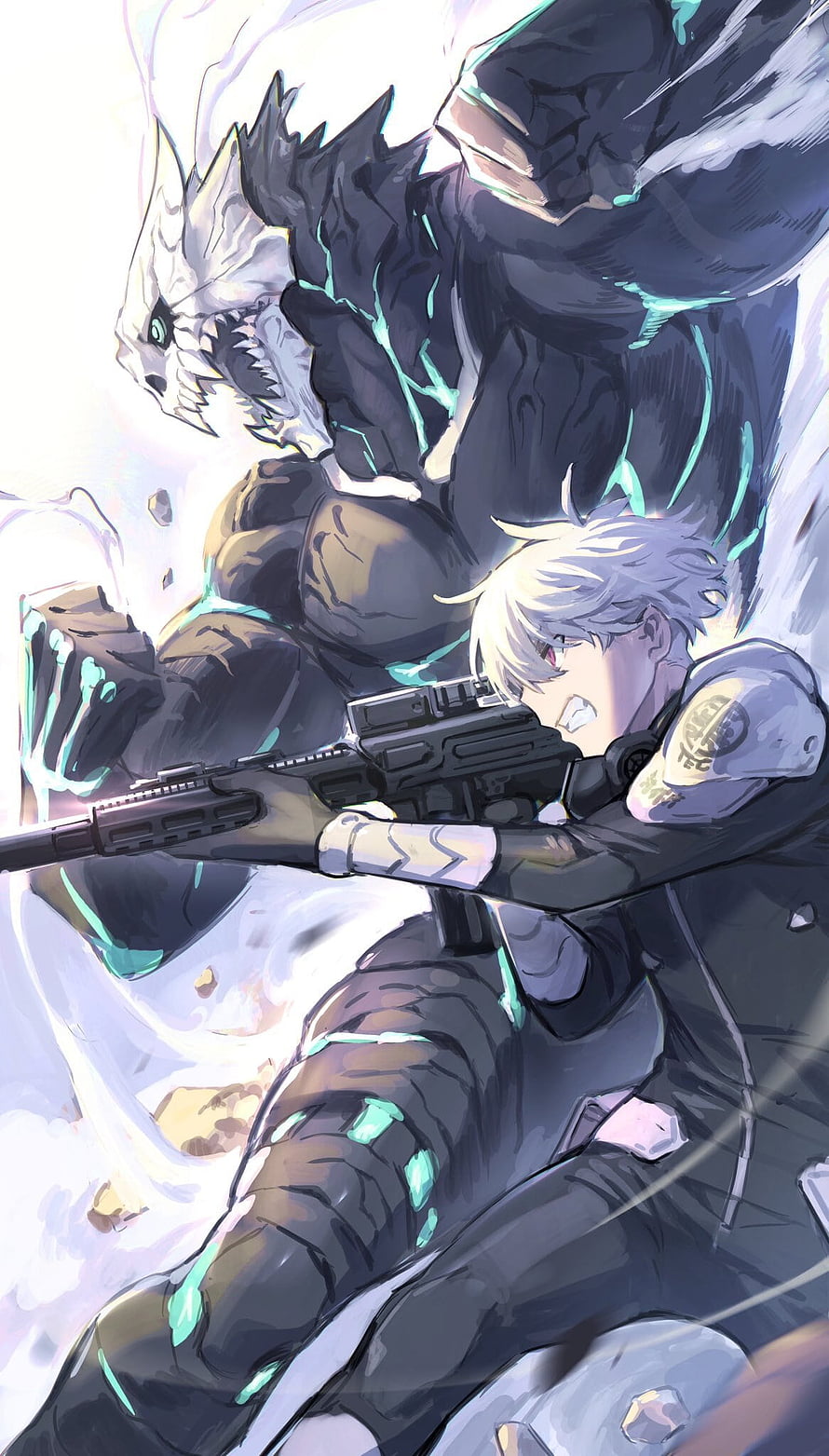 Kafka Hibino and the Kaiju no 8 Monster in Intense Combat HD phone wallpaper