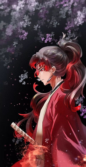 Yoriichi Tsugikuni in Red Kimono with Katana Under Falling Cherry Blossoms HD phone wallpaper