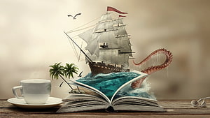 Surreal Open Book with Sailing Ship, Octopus Tentacle, and Coffee Cup on Wooden Table HD wallpaper