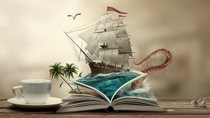 Surreal Open Book with Sailing Ship, Octopus Tentacle, and Coffee Cup on Wooden Table HD wallpaper