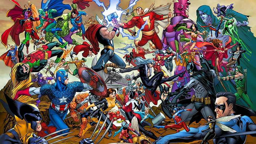 Marvel and DC Superheroes Epic Crossover Battle Scene HD wallpaper