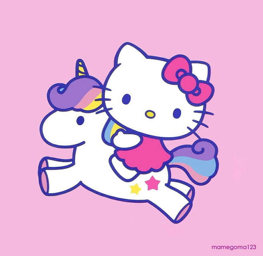 Hello Kitty Riding a Rainbow Unicorn on a Soft Pink Background HD wallpaper