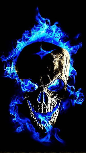 Glowing Blue Flame Skull with Fiery Eyes on Black Background HD phone wallpaper