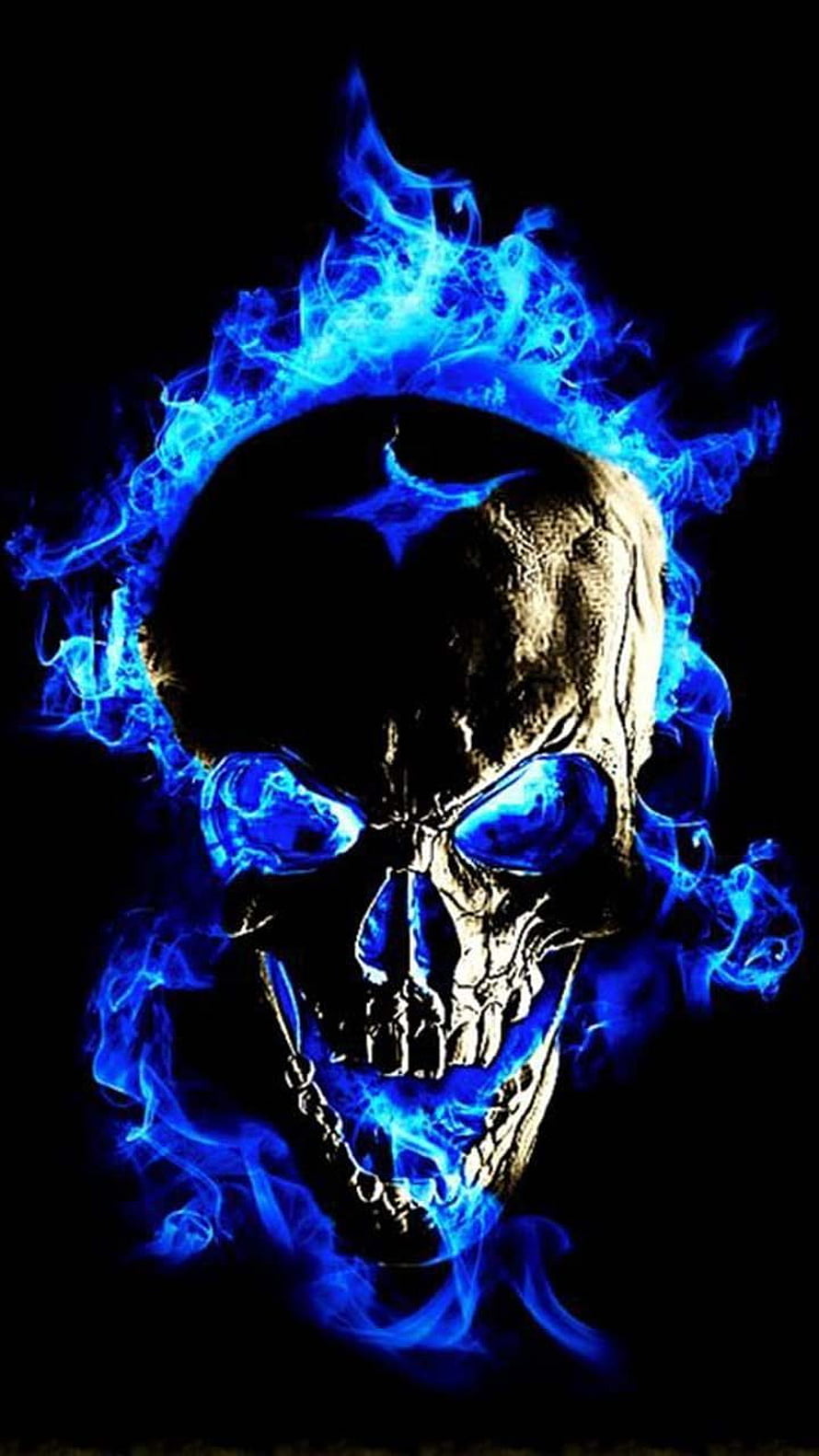 Glowing Blue Flame Skull with Fiery Eyes on Black Background HD phone wallpaper