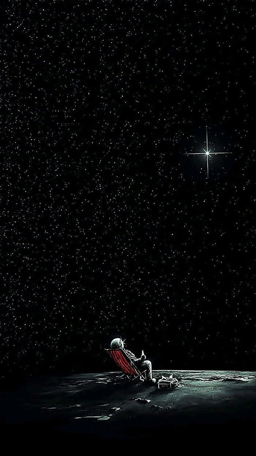Astronaut Relaxing in a Red Chair on the Moon Surface Under a Starry Night Sky HD phone wallpaper