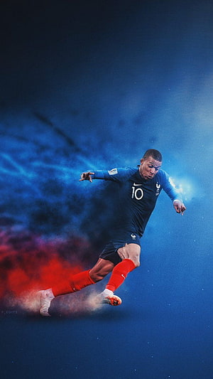 Kylian Mbappe in France National Team Kit Sprinting Through Dramatic Blue and Red Smoke HD phone wallpaper