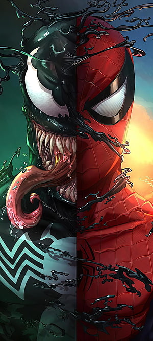 Spider-Man and Venom Split Face Artwork with Black Symbiote Splatter, Spidermqn, eye, head, venom, spiderman HD phone wallpaper