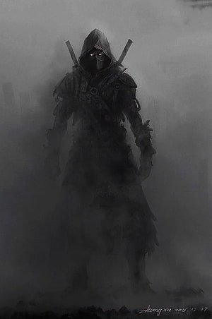 Dark Hooded Assassin Character Concept Art in Foggy Atmosphere HD phone wallpaper