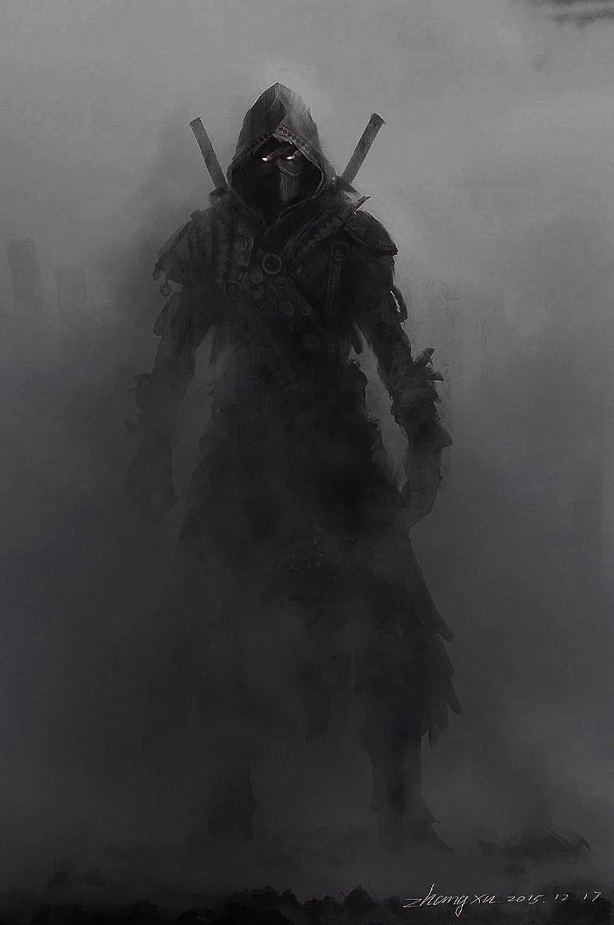 Dark Hooded Assassin Character Concept Art in Foggy Atmosphere HD phone wallpaper