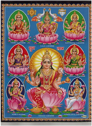 Ashta Lakshmi Hindu Deity Artwork with Eight Forms of Goddess Lakshmi on Lotus Flowers HD phone wallpaper