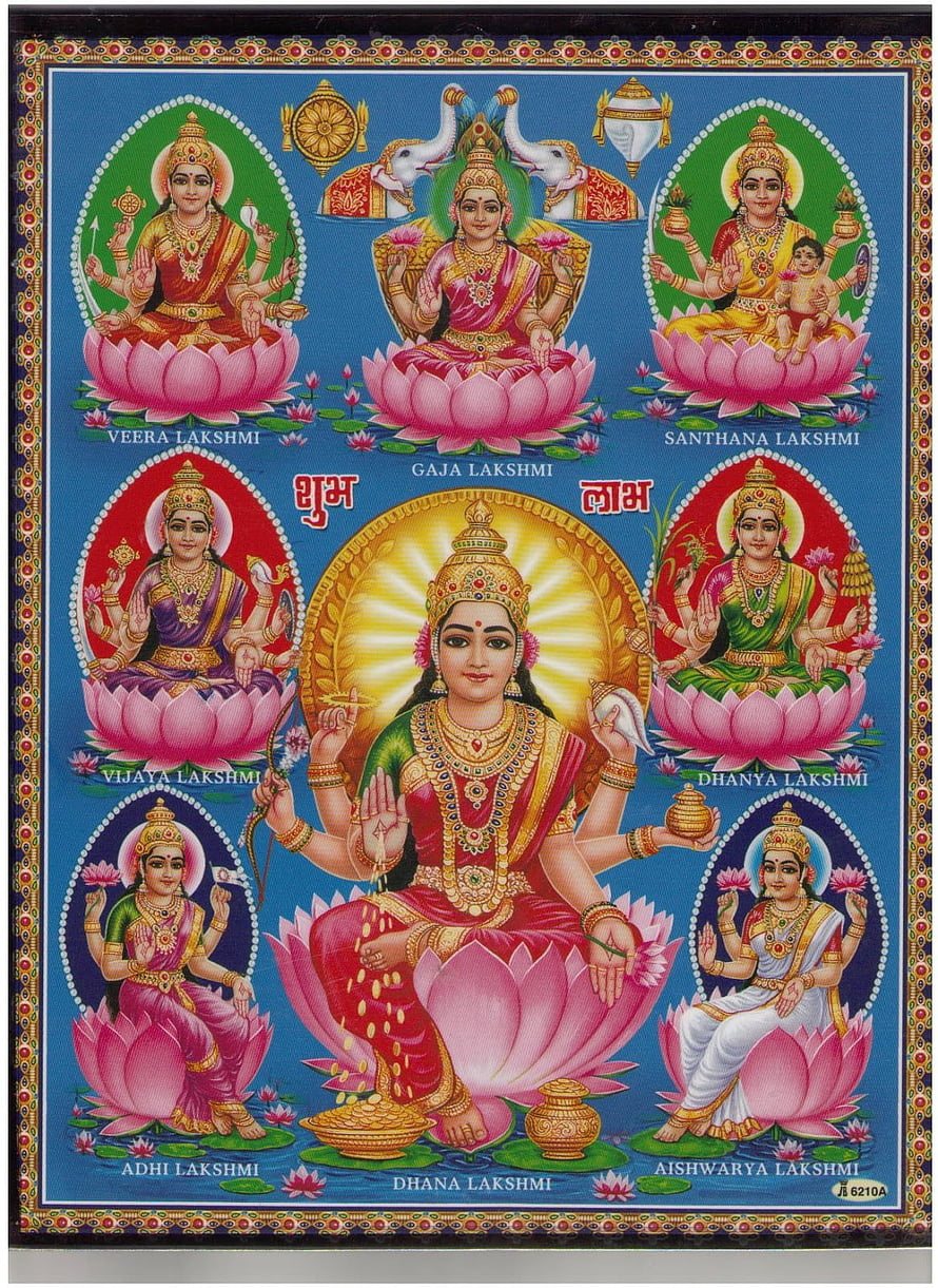 Ashta Lakshmi Hindu Deity Artwork with Eight Forms of Goddess Lakshmi on Lotus Flowers HD phone wallpaper