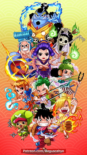One Piece Straw Hat Pirates Chibi Artwork with Samurai and Ninja Themes HD phone wallpaper