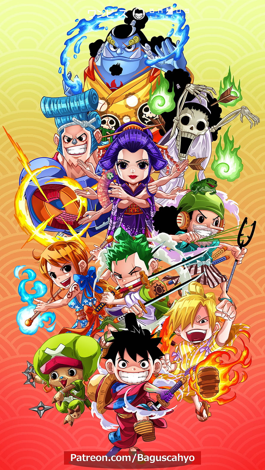 One Piece Straw Hat Pirates Chibi Artwork with Samurai and Ninja Themes HD phone wallpaper