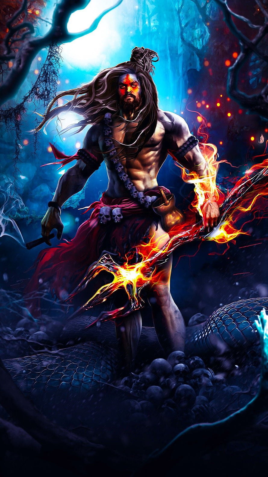 Fierce Warrior with Trishula and Serpent in Mystical Forest HD phone wallpaper
