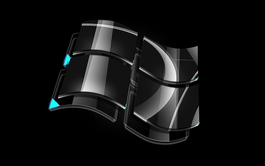 Glossy Black Windows Logo with Cyan Accents on Dark Background HD wallpaper