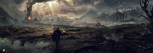 Lord of the Rings Concept Art: Lone Warrior in a Desolate War-Torn Landscape HD wallpaper