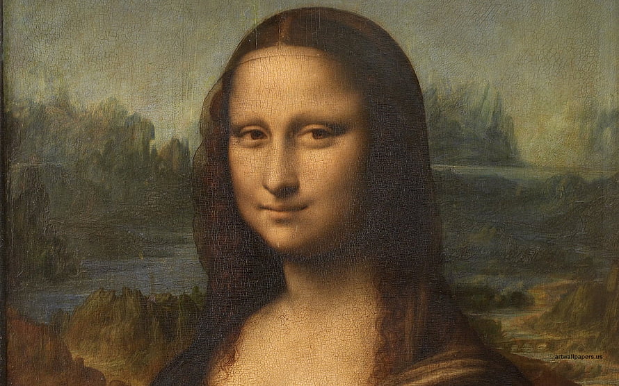 Mona Lisa Portrait by Leonardo da Vinci with Misty Landscape Background HD wallpaper