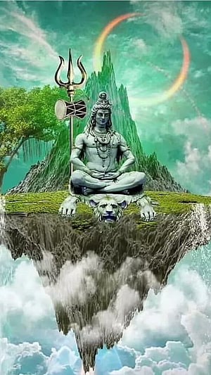 Lord Shiva Meditating on Floating Mountain with Trishul and Damru HD phone wallpaper