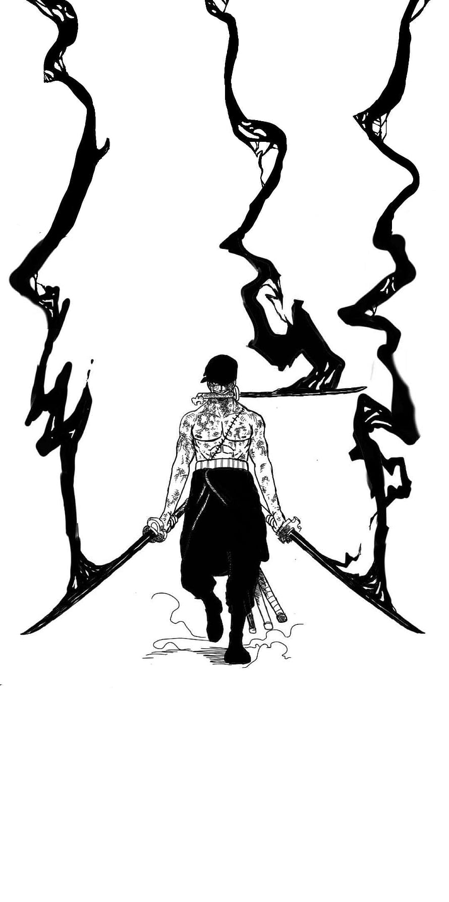 Roronoa Zoro Wielding Dual Swords in Black and White Manga Art HD phone wallpaper