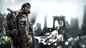 Tactical soldier with heavy gear and gas mask standing in snowy urban environment HD wallpaper
