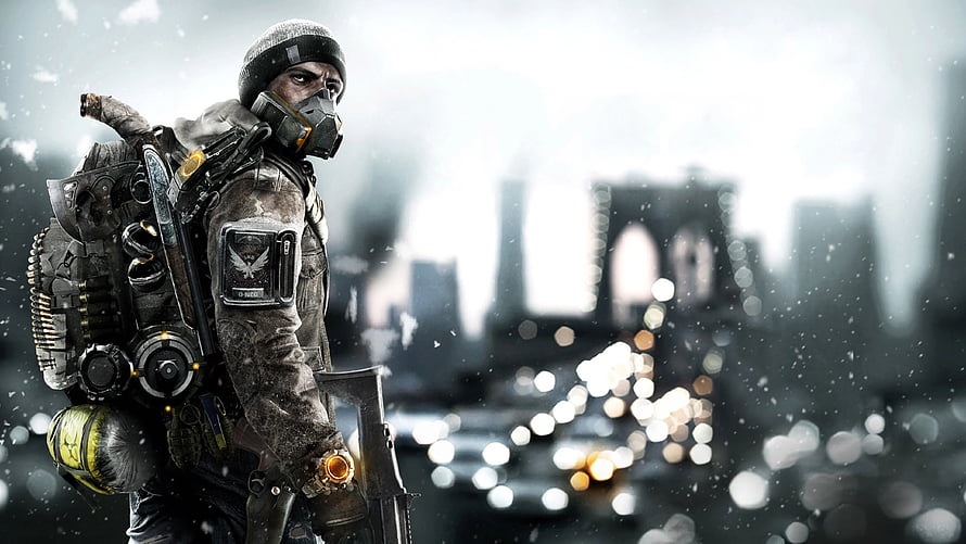 Tactical soldier with heavy gear and gas mask standing in snowy urban environment HD wallpaper
