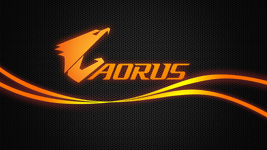 Gigabyte Aorus Gaming Logo Wallpaper With Orange Neon Waves And Honeycomb Background HD wallpaper