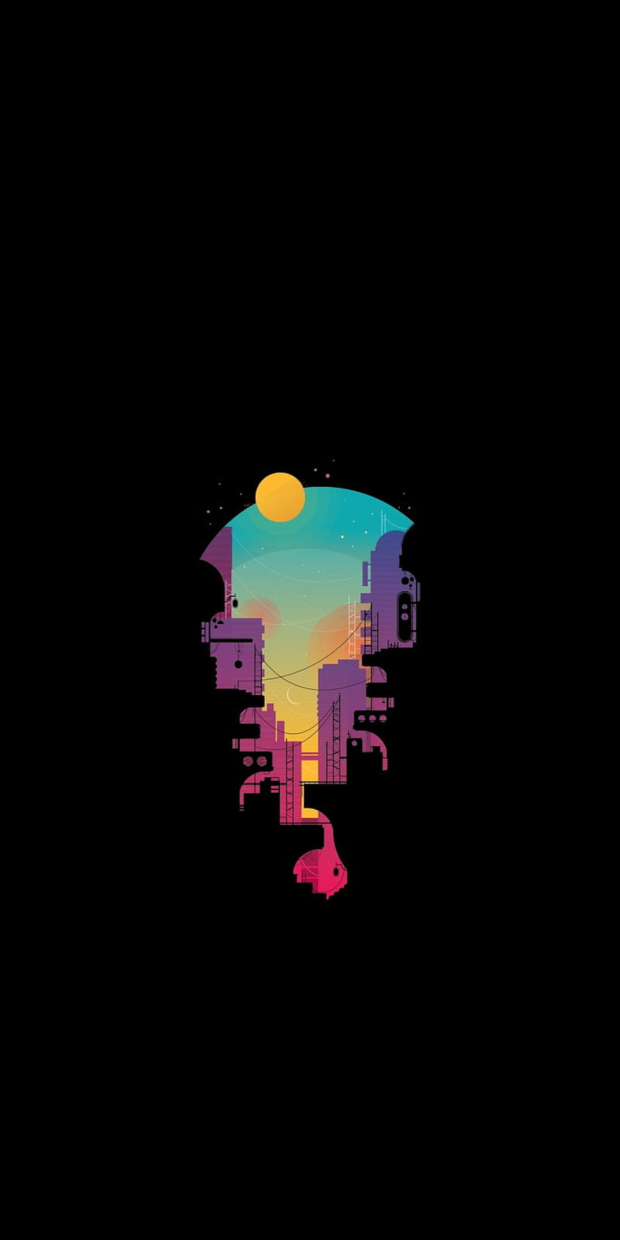 Abstract Cityscape Inside Human Head Silhouette With Sunset Sky, Amoled minimalist Minimalist black top minimalist black, AMOLED City HD phone wallpaper