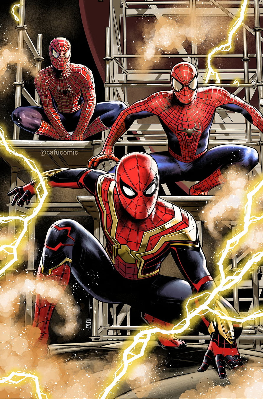 Spider-Man, Miles Morales, and Spider-Gwen Action Pose with Lightning, Spiderman no way home, Tobey Maguire, Multiverse, Tom Holland, Peter Parker, Andrew Garfield, MCU, Marvel HD phone wallpaper