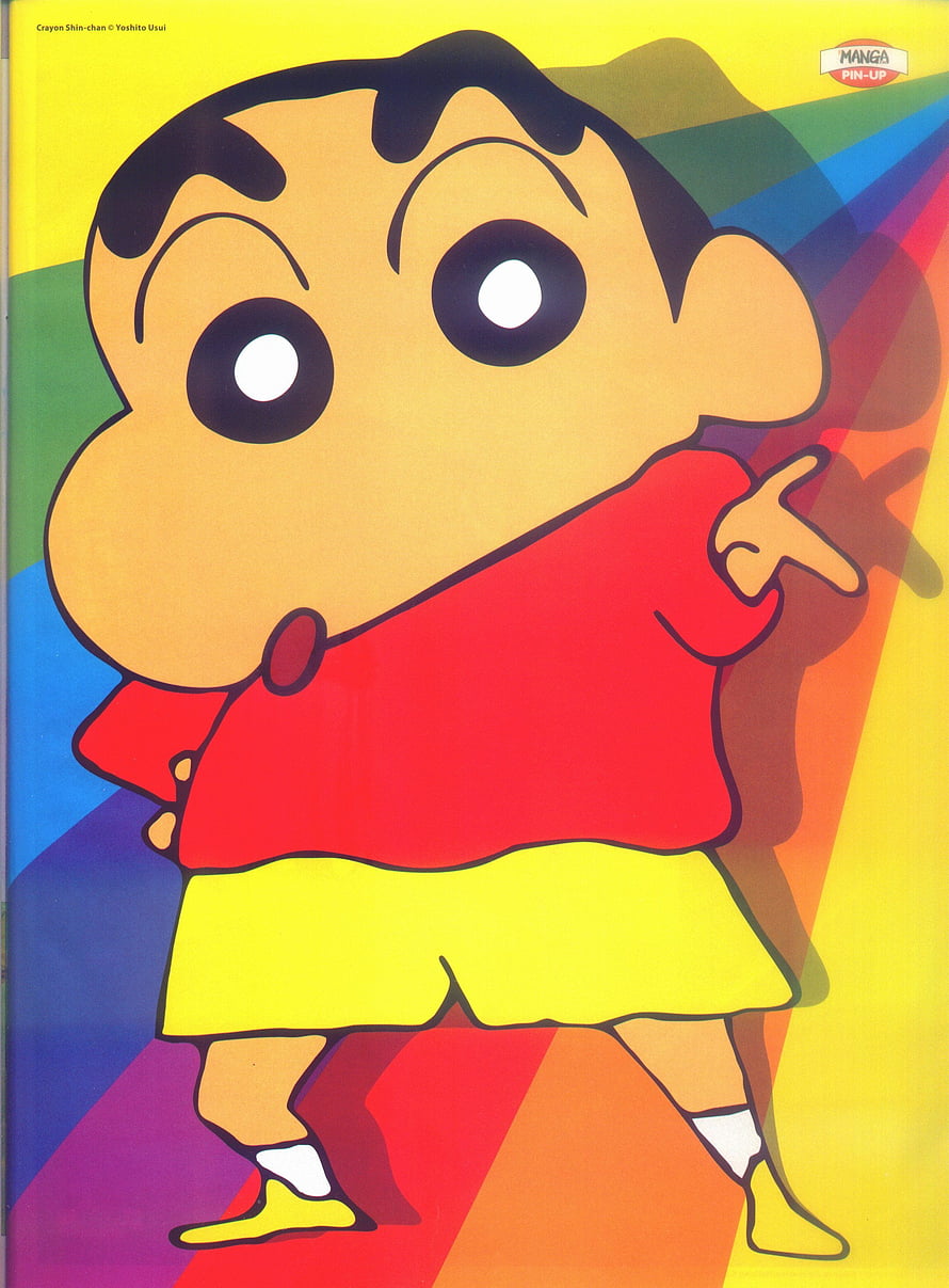 Crayon Shin-chan Anime Character in Red Shirt and Yellow Shorts on Rainbow Background HD phone wallpaper