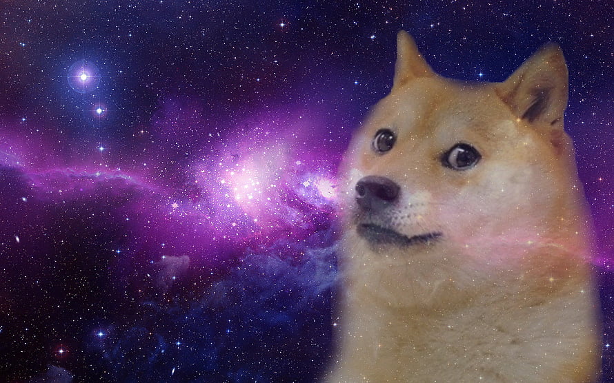 Cheems Shiba Inu Dog Against Purple Nebula and Starry Space Background HD wallpaper