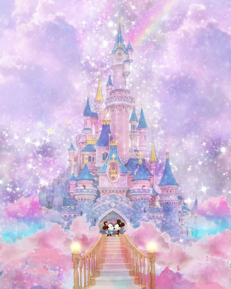 Mickey and Minnie Mouse Standing Before a Magical Pink and Blue Fantasy Castle in the Clouds HD phone wallpaper