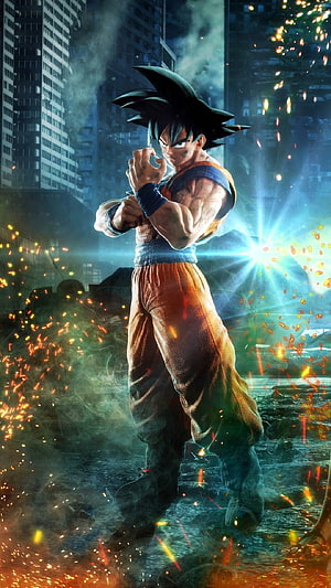 Goku in Battle Stance Amidst Sparks and City Ruins HD phone wallpaper