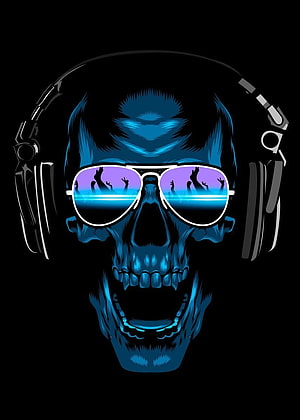 DJ Skull with Headphones and Sunglasses Reflecting a Concert Crowd in Neon Blue Digital Art HD phone wallpaper