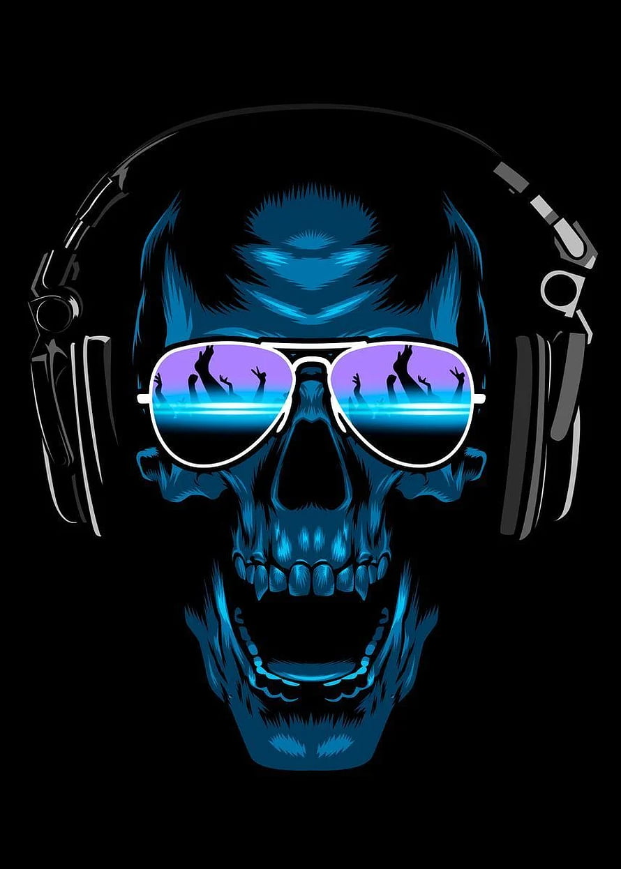 DJ Skull with Headphones and Sunglasses Reflecting a Concert Crowd in Neon Blue Digital Art HD phone wallpaper